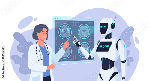 An illustration showcasing a collaborative medical scenario where an AI robot and a doctor are reviewing brain scans together.