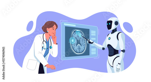 An illustration showcasing a collaborative medical scenario where an AI robot and a doctor are reviewing brain scans together.