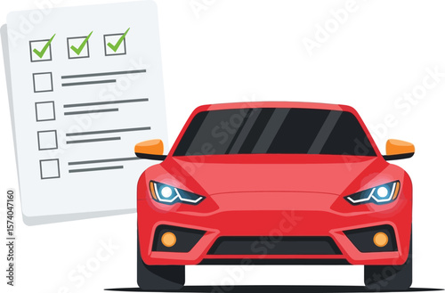 Red car with checklist showing completed items on a white background vector art