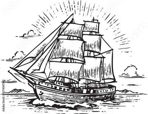 Vintage sailing ship illustration for nautical decor and design