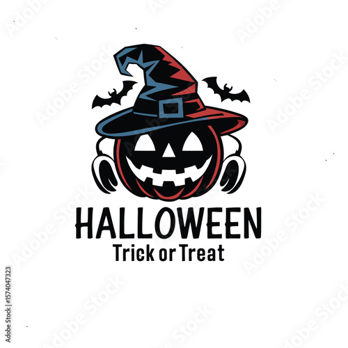 Halloween vector logo featuring scary pumpkin, witch hat and flying bats in horror-themed illustration template

