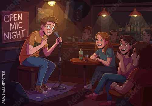 A nervous comedian performing at a cozy Open Mic Night.