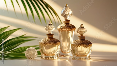 Elegant Perfume Bottles with Gold Accents Displayed Against a Background of Lush Green Leaves in Soft Light