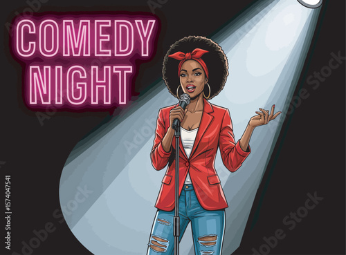 A confident female comedian owning the stage during a stand-up performance.