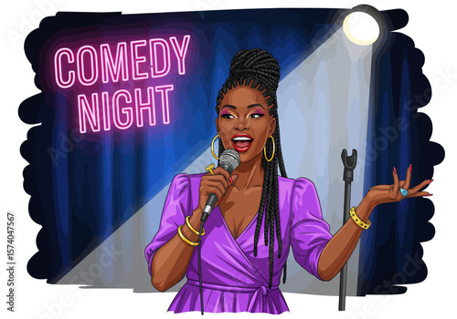 A confident female comedian owning the stage during a stand-up performance.