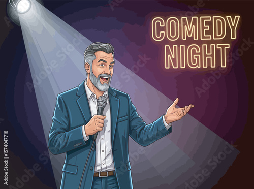 A confident male comedian owning the stage during a stand-up performance.