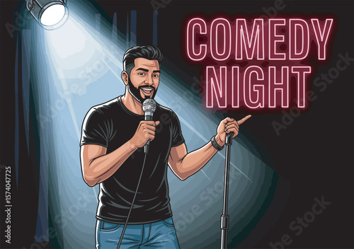 A confident male comedian owning the stage during a stand-up performance.