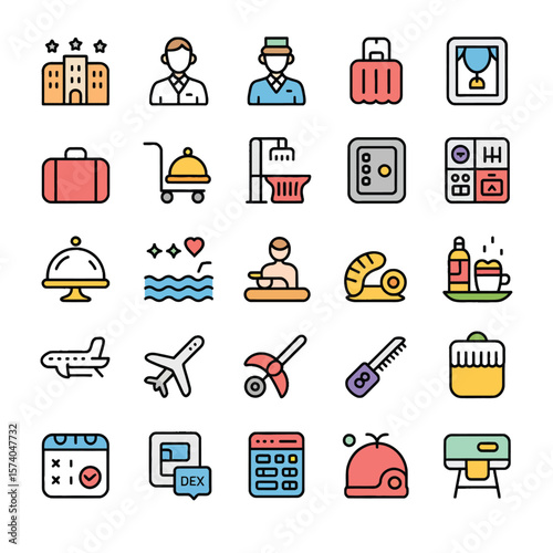 Twenty Five Colorful Flat Line Art Hotel Travel Icons Luggage Safes Staff Breakfast Swimming Pools Airplanes Calendar Calculator