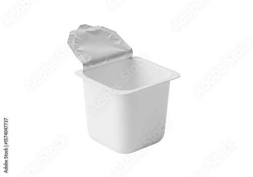 An empty white yogurt cup with a foil lid slightly open isolated on transparent background