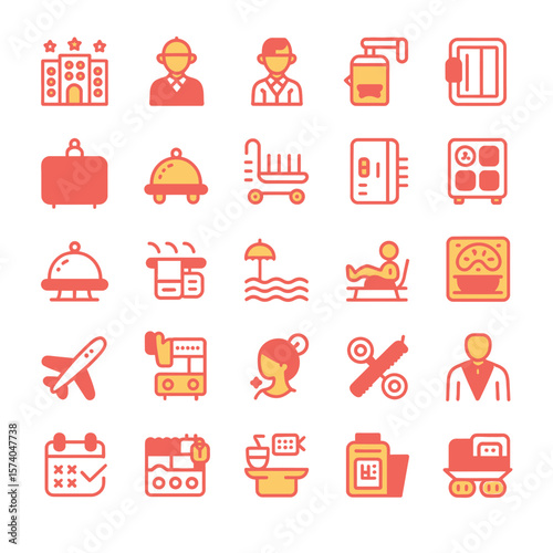 Twenty Five Colorful Hotel and Travel Line Icons Red Yellow Blue Orange Accents Hotel Building Luggage Room Service Beach Transportation Airplane Calendar