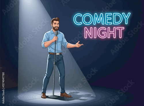 A confident male comedian owning the stage during a stand-up performance.