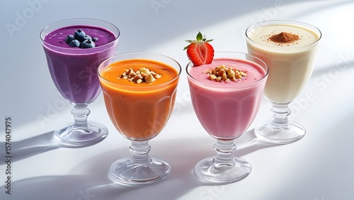 Delicious and Colorful Smoothies in Elegant Glasses a Variety of Fruit Blends for a Refreshing and Healthy Treat