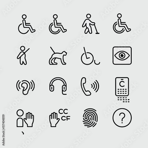 Sixteen Black and White Linear Accessibility Icons Illustrating Wheelchair Users Guide Dogs Assistive Listening Devices Closed Captions Braille and Other Disability Support Symbols