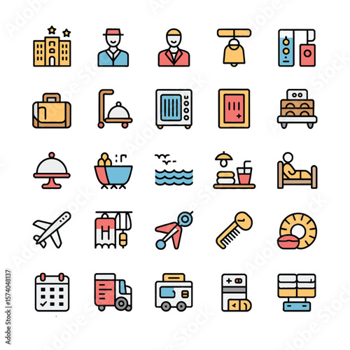 Flat Design Hotel and Travel Icons Collection Airplane Luggage Bell Swimming Pool Breakfast Hospitality Tourism Colorful Symbols