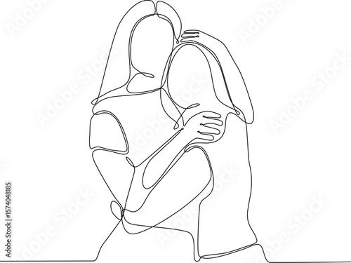 Tender Embrace One-Line Drawing of Two Women Sharing a Warm Hug