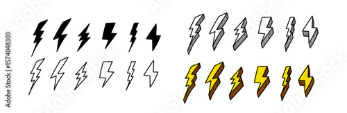 Lightning doodle set. Illustration of thunder bolts, black and line bolt. Cartoon style lightning bolts. Vector illustration