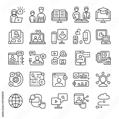 Thirty Black and White Line Art Icons Illustrating Online Communication Technology Education and Teamwork Concepts Simple Outlines on White Background