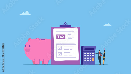 Businessman completed tax filing form with calculator. Symbolizes income tax filing, calculate revenue and filling tax form, expert complete checklist for all reduction, refund and payment.
