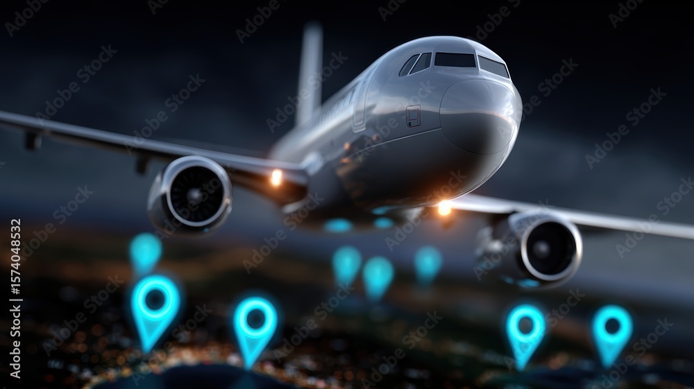 Fototapeta premium air freight solutions concept. Airplane flying over a city with location markers at night.