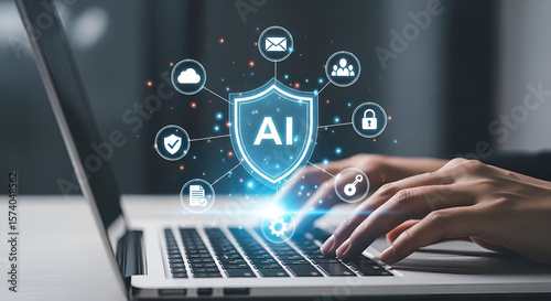 Wallpaper Mural AI Cybersecurity Technology on Laptop for Data Protection, Digital Privacy and Secure Cloud Access in Modern Network Systems. Torontodigital.ca