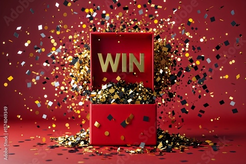Prize Box with WIN Word and Festive Sparkles on Red Background