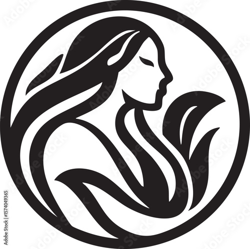 Elegant woman silhouette with flowing hair and floral element