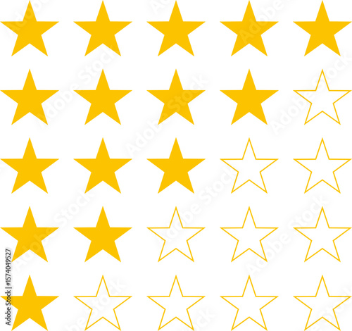 5 star icon rank sign. Customers rating for product or service. Yellow five star review sign for app, website, ui design element. Transparent png and vector illustration.