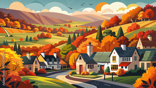 Autumn scene in Llanrwst, Wales, featuring vibrant fall foliage along quaint streets and rolling hills under a soft, cloudy sky. A peaceful countryside setting rich with seasonal colors 