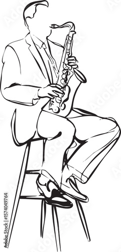 Jazz musician playing saxophone in elegant attire on a stool