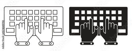 Keyboard icon, Computer component device sign, hand typing on keyboard symbol, Keyboard icon design, linear computer, eps 10 on white background, Vector illustration.

