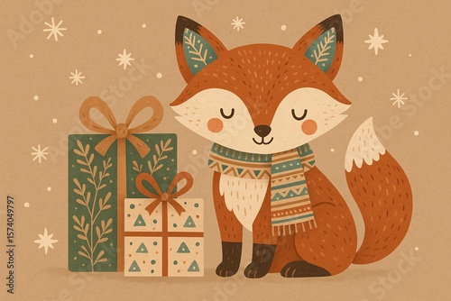 Cute winter fox with Christmas gifts
