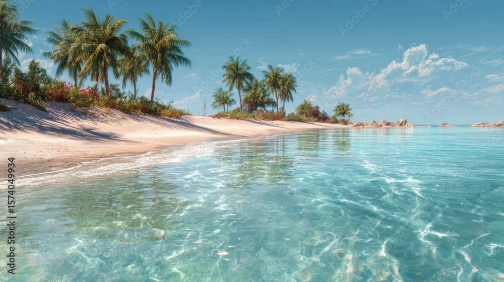 Naklejka premium A bright summer beach scene with crystal-clear water, golden sand, and palm trees swaying in the breeze.