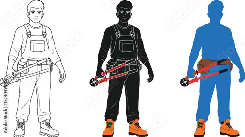 Three illustrations of a construction worker holding bolt cutters on a white background
