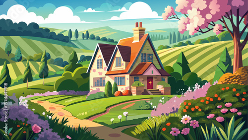 Charming farmhouse nestled in the lush green countryside of the Cotswolds during springtime, surrounded by blooming flowers and rolling hills in Gloucestershire, England.
