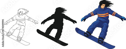 Illustration of a snowboarder in different styles outline silhouette and color