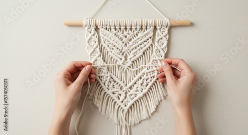 Hands crafting macrame wall hanging with intricate design  