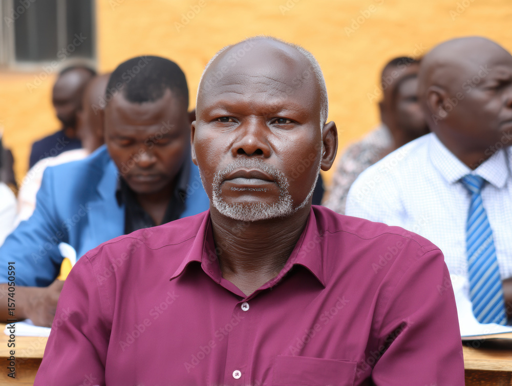 Obraz premium serious man in a maroon shirt sits among a group of people in a classroom or meeting setting, focusing intently on the event.