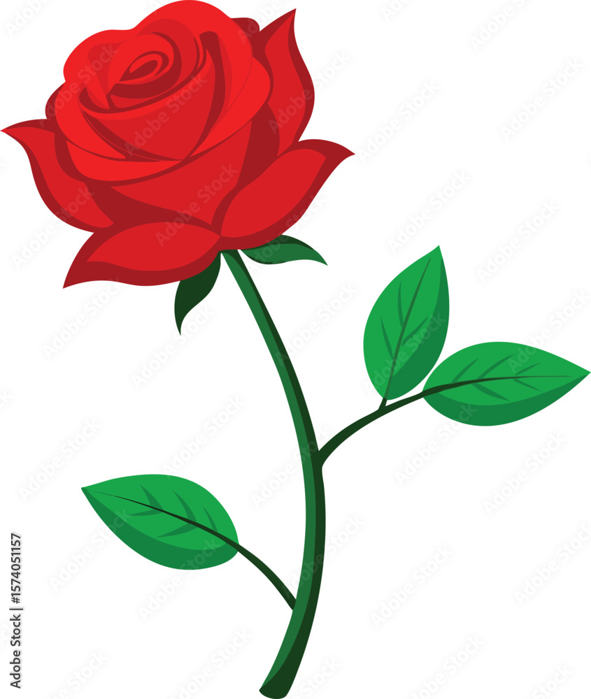 Obraz premium Vibrant red rose with green leaves on white background