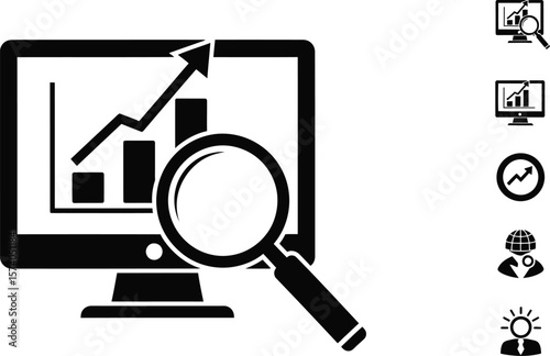 Computer screen displaying a graph with a magnifying glass in front of it icon