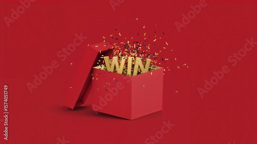 Red Gift Box with WIN Text and Confetti Explosion