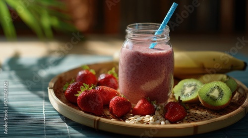 Pink Strawberry Banana Kiwi Smoothie with Oatmeal in Sunlight