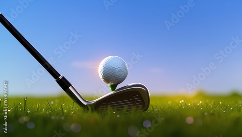 A close-up shot of a golf club poised to strike a white golf ball, set against a clear blue sky and vibrant green grass.