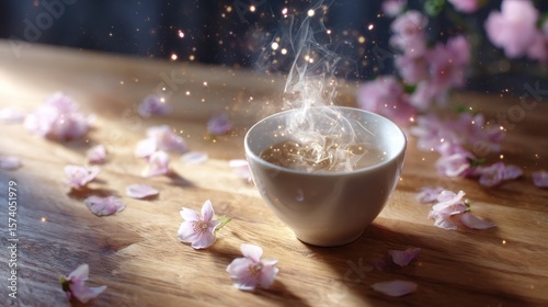 White Teacup with Pink Blossoms and Sparkling Light