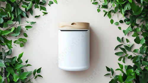 A sleek white recycle container with a wooden lid centered with Lush green leaves surrounds the container.