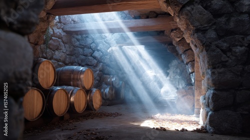 Sunlit Stone Cellar with Aged Wooden Wine Barrels