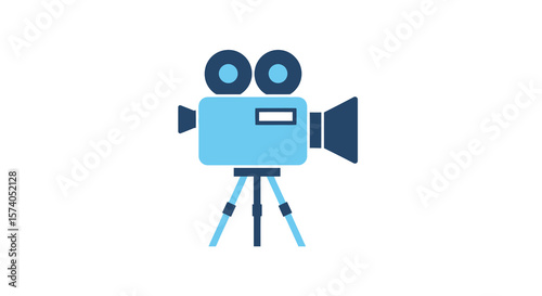 Simple Flat Style Light Blue and Dark Blue Movie Camera Icon with Tripod