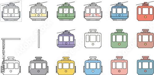 Illustration of fifteen cable cars in various colors on a white background art