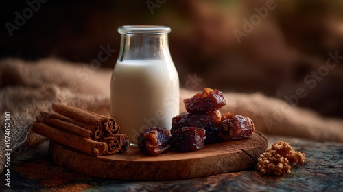 Glass Bottle of Milk with Dates, Cinnamon Sticks, and Walnuts on Wooden Board