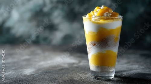 Layered Mango Dessert with Whipped Cream in Glass