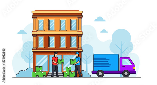 Cartoon Delivery Truck with Boxes and Building Illustration